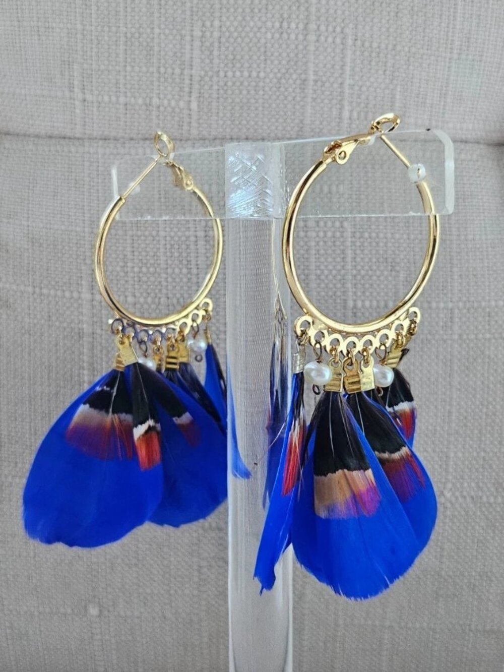 Norstrom Women Earrings Blue Faux Feather Gold Tone Fashion Ear Jewelry New - Picture 6 of 8